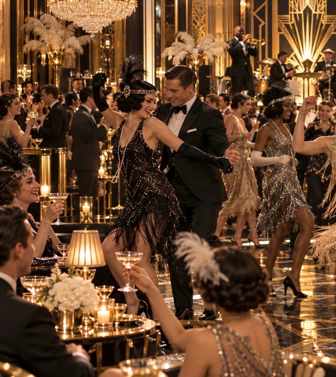 Flappers in fringe dresses and feathered headbands dancing with men in tuxedos at a Roaring ’20s gala with a live jazz band
