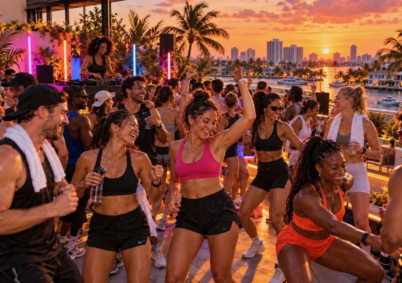 Runners in workout gear dancing to a live DJ on a waterfront rooftop at sunset after a group run