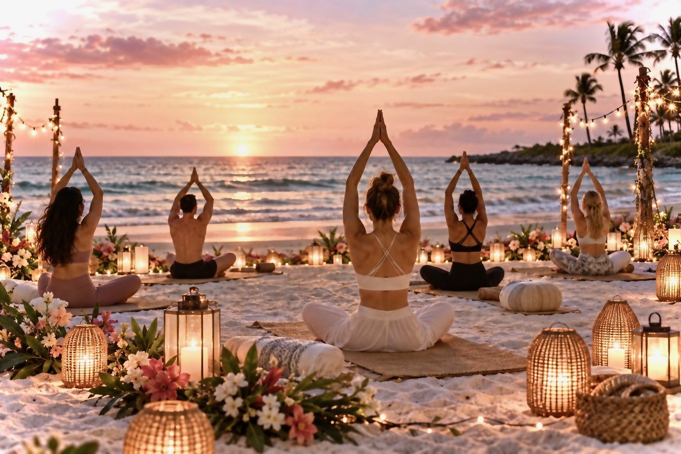 A group sunset yoga session on the beach surrounded by lanterns, string lights and tropical flowers